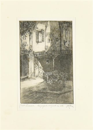 P. Memis CORTILE VENEZIANO acquaforte su seta, cm 19,5x12,5; es. senza...