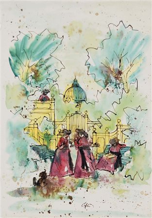 CAFFE' NINO Alfedena (Aq) 1909 - Pesaro 1975 Pretini tecnica mista su carta...