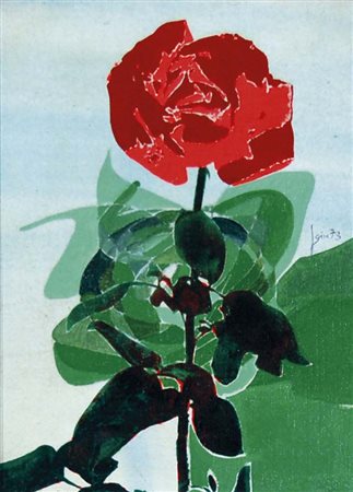 GOIA GIUSEPPE Monfalcone 1947 Rosa rossa 1973 olio su tela cm 23,5x18 firma e...