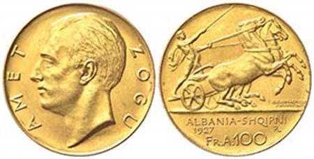 ALBANIA. Repubblica. 100 Franga Ari 1927. Au (35mm, 32.25g). KM 11a.1; Fr. 1. qSPL