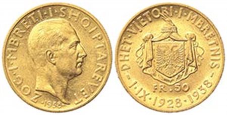 ALBANIA. Zog I (1928-1939). 50 Franga Ari 1938. Au (28mm, 16.16g). KM 25; Fr. 16. BB