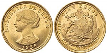 CILE. Repubblica. 100 Pesos 1926. Au (30.5mm, 20.41g). KM 170; Fr. 54. BB