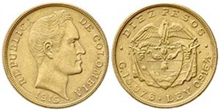 COLOMBIA. Repubblica. 10 Pesos 1919. Au (25.5mm, 15.95g). KM 202; Fr. 112. qSPL