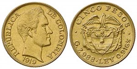 COLOMBIA. Repubblica. 5 Pesos 1919. Au (22mm, 7.97g). KM 201; Fr. 113. qSPL