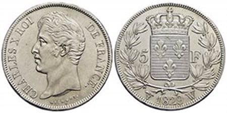 FRANCIA - Carlo X (1824-1830) - 5 Franchi - 1829 W - AG Kr. 728.13 Conservazione eccezionale con i fondi brillanti - FDC