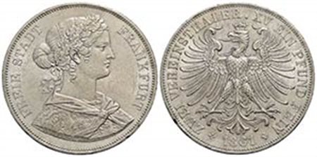 GERMANIA - FRANCOFORTE - Città Libera - Doppio tallero - 1861 - AG Kr. 365 Colpettino - Eccezionale - FDC