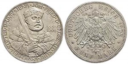 GERMANIA - SAXE WEIMAR EISENACH - Federico Augusto III (1904-1918) - 5 Marchi - 1908 - Università di Jena - AG Kr. 175 - FDC
