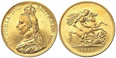 GRAN BRETAGNA. Victoria (1837-1901). 5 Pounds 1887. Au (36mm, 40.00g). SCBC 3864; KM 769. qSPL
