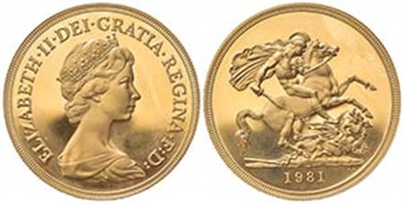 GRAN BRETAGNA. Elisabetta II. 5 Pounds 1981. Au (35.5mm, 40.00g). S. SE1; KM 924. qFDC
