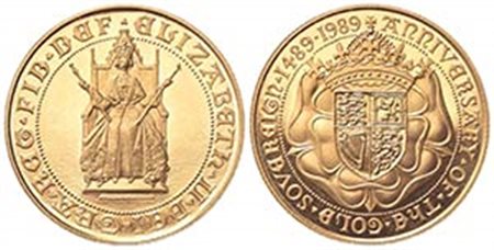GRAN BRETAGNA. Elisabetta II. 2 Pounds 1989. Au (28mm, 16.00g). 500° Anniversario del Sovereign. S. SD3; KM 957. FDC