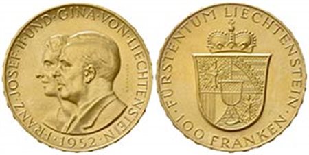 LIECHTENSTEIN. Franz Josef II (1938-1989). 100 Franchi 1952. Au (35mm, 32.36g). KM Y17; Fr. 19. FDC