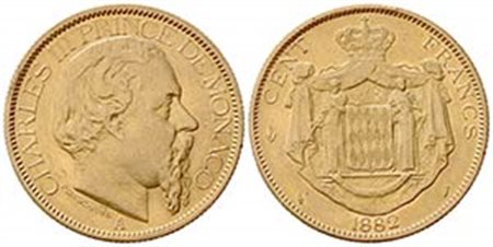 MONACO. Carlo III (1856-1889). 100 Franchi 1882. Au (34.5mm, 32.29g). KM 99; Fr. 11. BB+