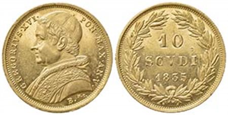 BOLOGNA. Gregorio XVI (1831-1846). 10 scudi 1835 B. Au (28mm, 17.37g). Pagani 131; Gigante 4. qSPL