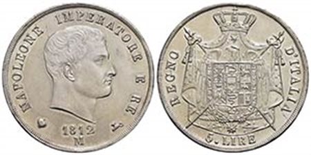 MILANO - Napoleone I, Re d'Italia (1805-1814) - 5 Lire - 1812 - AG Pag. 30; Mont. 226 Puntali aguzzi Patina iridescente non uniforme al D/ e fondi lucenti al R/ - qFDC/FDC