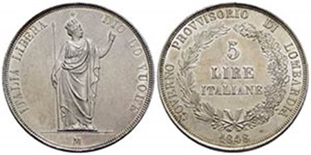 MILANO - Governo Provvisorio (1848) - 5 Lire - 1848 - AG R Pag. 213a; Mont. 426 Base più spessa e stella vicina alla testa Eccezionale