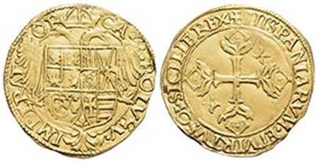 NAPOLI - Carlo V (1516-1556) - Scudo d'oro - Stemma su aquila bicipite - R/ Croce fiorata - (AU g. 3,31) R CNI 211/215; P.R. manca Nel 1° e 4° quarto K - BB-SPL
