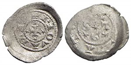 NOVARA - Comune, a nome di Enrico VI (Sec. XII-XIII) - Denaro - Croce patente con stelle alle estremità - R/ Nel campo simboli - MI R CNI 5/9; MIR 880 - qFDC