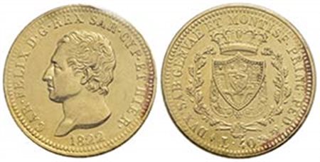 Carlo Felice (1821-1831) - 40 Lire - 1822 T - AU RR Pag. 39; Mont. 21 Periziata Rocco di Torrepadula - BB-SPL