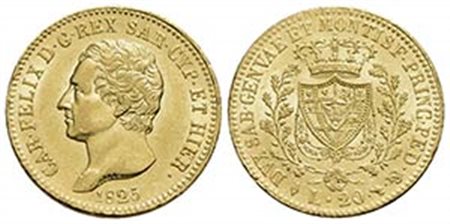 Carlo Felice (1821-1831) - 20 Lire - 1825 T - (AU g. 6,43) Pag. 51; Mont. 35 Bellissimi fondi - qFDC/FDC