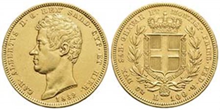 Carlo Alberto (1831-1849) - 100 Lire - 1832 G - (AU g. 32,17) Pag. 134; Mont. 2 - qSPL/SPL