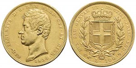 Carlo Alberto (1831-1849) - 100 Lire - 1834 T - (AU g. 32,18) Pag. 139; Mont. 5 Segno nel campo al D/ - BB+/SPL