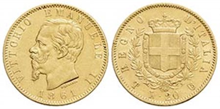 Vittorio Emanuele II Re d'Italia (1861-1878) - 20 Lire - 1861 T - (AU g. 6,43) R Pag. 455; Mont. 131 - SPL+