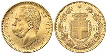 Umberto I (1878-1900). 50 Lire 1884. Au (28mm, 16.14g). Roma. Pagani 572; Gigante 6. BB+