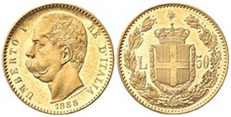 Umberto I (1878-1900). 50 Lire 1888. Au (28mm, 16.17g). Roma. Pagani 573; Gigante 7. BB+