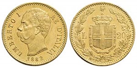 Umberto I (1878-1900) - 20 Lire - 1882 - (AU g. 6,44) Pag. 578; Mont. 16 Fondi lucenti - FDC