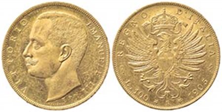 Vittorio Emanuele III (1900-1943). 100 Lire 1905. Au (34.5mm, 32.30g). Roma. Pagani 639; Gigante 2. Segni da contatto, SPL+