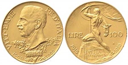 Vittorio Emanuele III (1900-1943). 100 Lire 1925 Vetta d’Italia. Au (34.5mm, 32.31g). Roma. Pagani 645; Gigante 8. qSPL