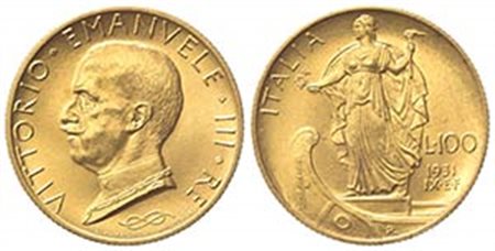 Vittorio Emanuele III (1900-1943). 100 Lire 1931 IX. Au (23.5mm, 8.81g). Roma. Pagani 646; Gigante 9. qSPL