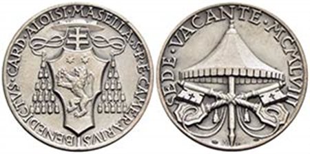 PAPALI - Sede Vacante (1958) - Medaglia - 1958 Opus: Mistruzzi Ø: 38 mm. - (AG g. 27,62) R Boccia 120; Bart. p. 388 Cardinale Camerlengo del Conclave Aloisi Masella - FDC