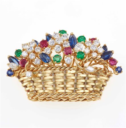 Spilla “cestino di fiori” con diamanti, rubini, zaffiri e smeraldi
