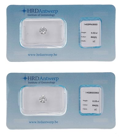 Solitaire taglio brillante di ct 0.52, colore G, clarity LC e solitaire taglio brillante di ct 0.53, colore G, clarity LC