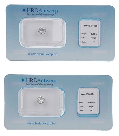 Solitaire taglio brillante di ct 0.62, colore H, clarity LC e solitaire taglio brillante di ct 0.63, colore H, clarity LC