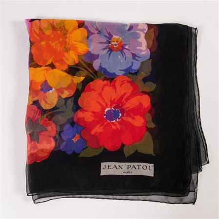 JEAN PATOU Foulard in seta semi trasparente con motivo floreale. Cm124x124....
