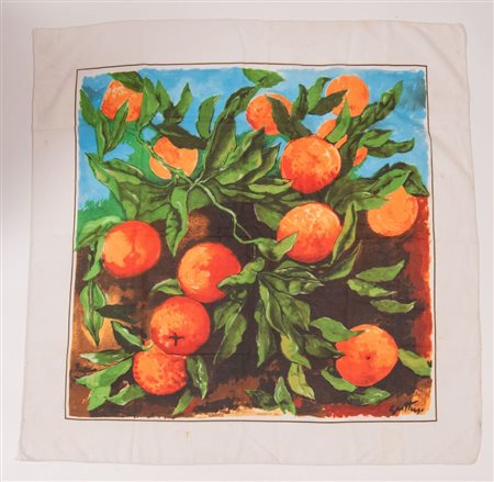 GUTTUSO Foulard in seta con disegno raffigurante arance. Cm 89x89. Reca firma...
