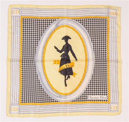 CHRISTIAN DIOR Foulard in seta con motivo a pied de de poule. Anni '90 ca. Cm...