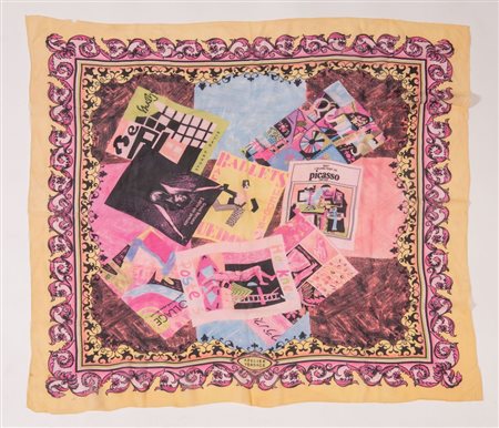 VERSACE Atelier Foulard in seta con motivo a stampe multicolore. Cm 76x80....