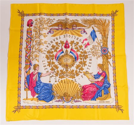 HERMÈS Foulard in seta "Libertè, Egalitè, Fraternitè" by Joachim Metz, 1989....