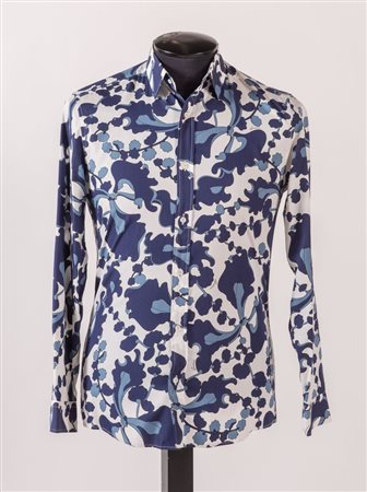 GUCCI Camicia in cotone e seta a fantasia sui toni del bianco e del blu....