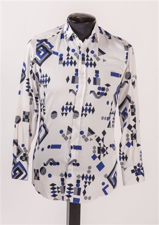 GUCCI Camicia in cotone a fantasia geometrica sui toni del blu e del bianco....
