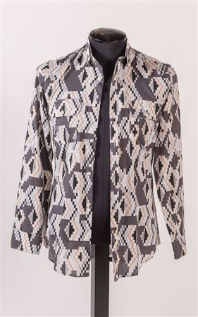 GUCCI Camicia in cotone a fantasia geometrica sui toni del grigio, bianco...
