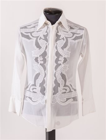 GIANNI VERSACE Camicia in cotone bianco con lavorazione a merletto semi...