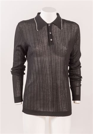 GIANNI VERSACE Polo a maniche lunghe in cotone nero lavorato a costine con...
