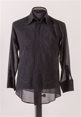GIANNI VERSACE Camicia in cotone nero con lavorazione a merletto semi...