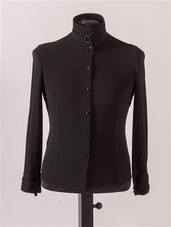 VERSACE Camicia in seta nera semi trasparente con colletto alla coreana...
