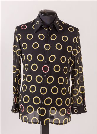 GIANNI VERSACE Camicia in seta nera semi trasparente con fantasia a cerchi...