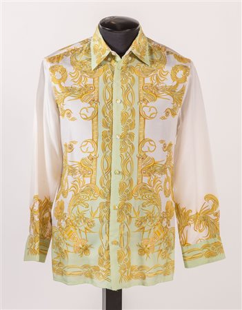 GIANNI VERSACE Camicia in seta con fantasia a greche e a fiori sui toni del...